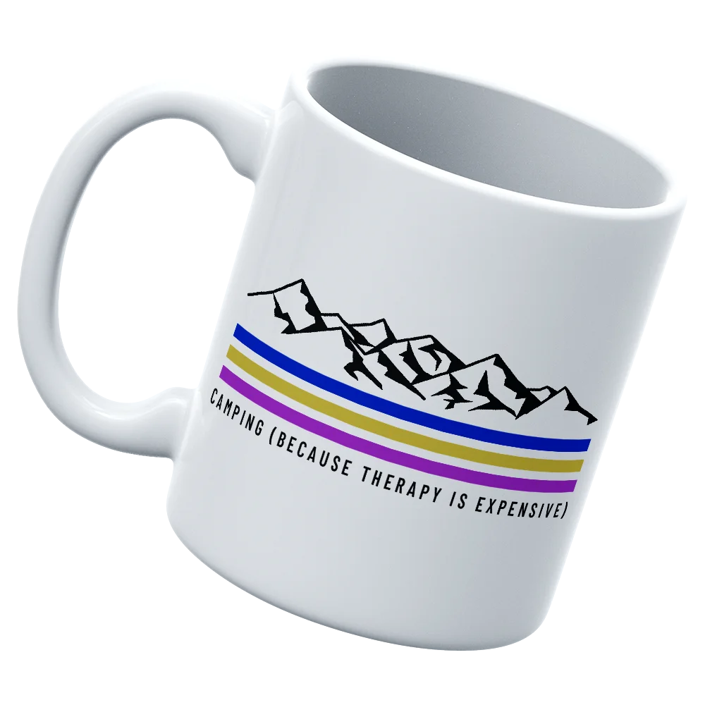 Camping Lines 11oz Mug with vibrant UV printed design, perfect for outdoor use.