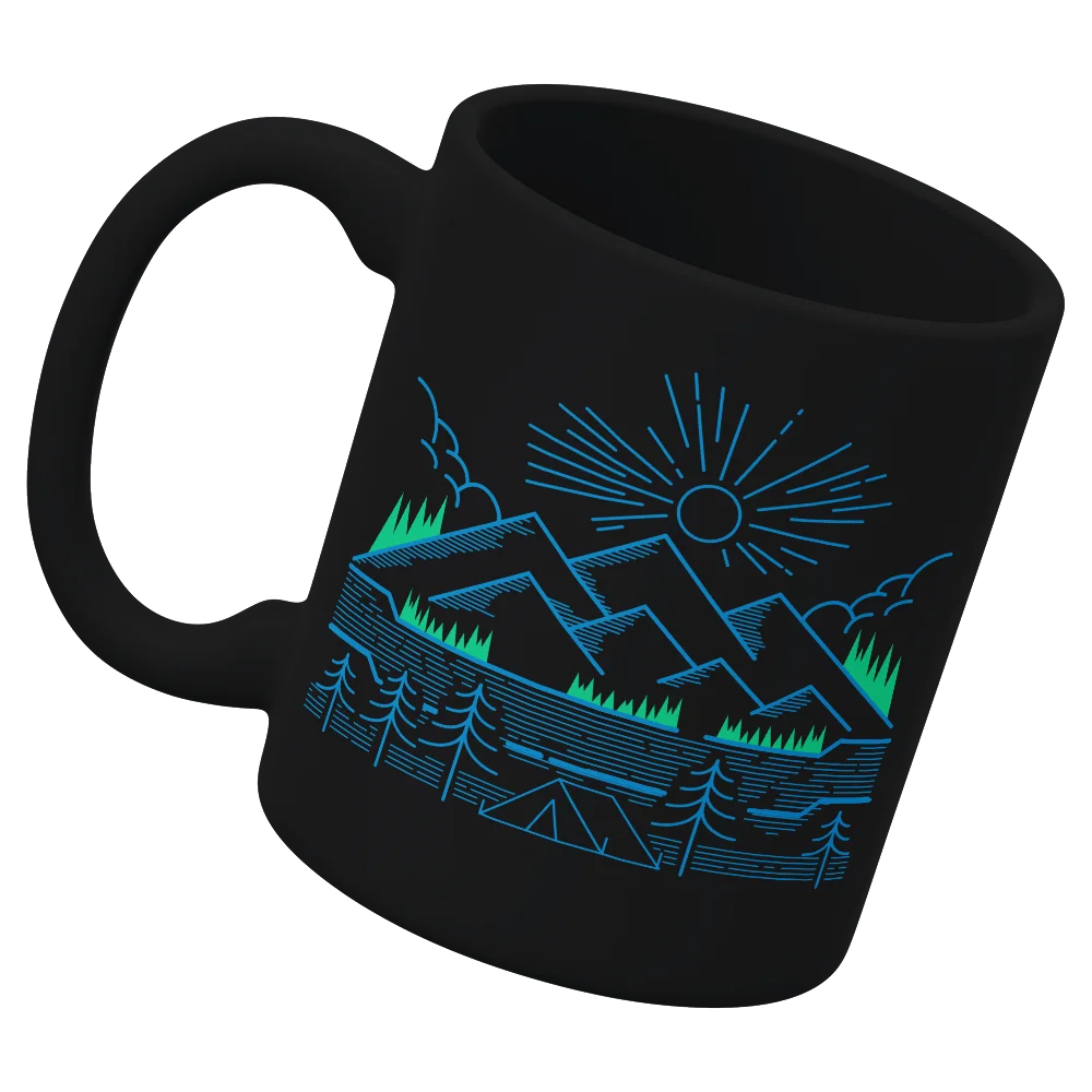 Camping Lines 11oz Mug with UV printed design, showcasing its durable ceramic build and glazed finish.