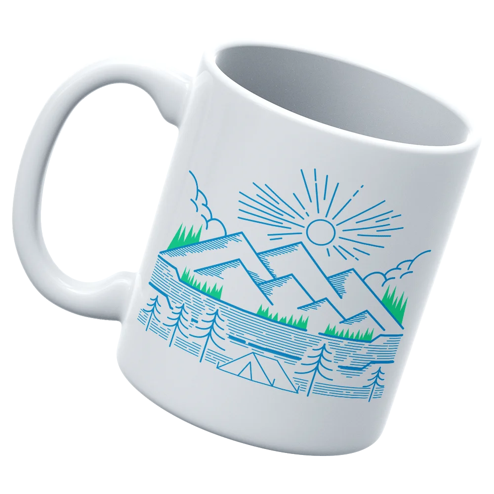 Camping Lines 11oz Mug with UV printed design, showcasing its durable ceramic build and glazed finish.