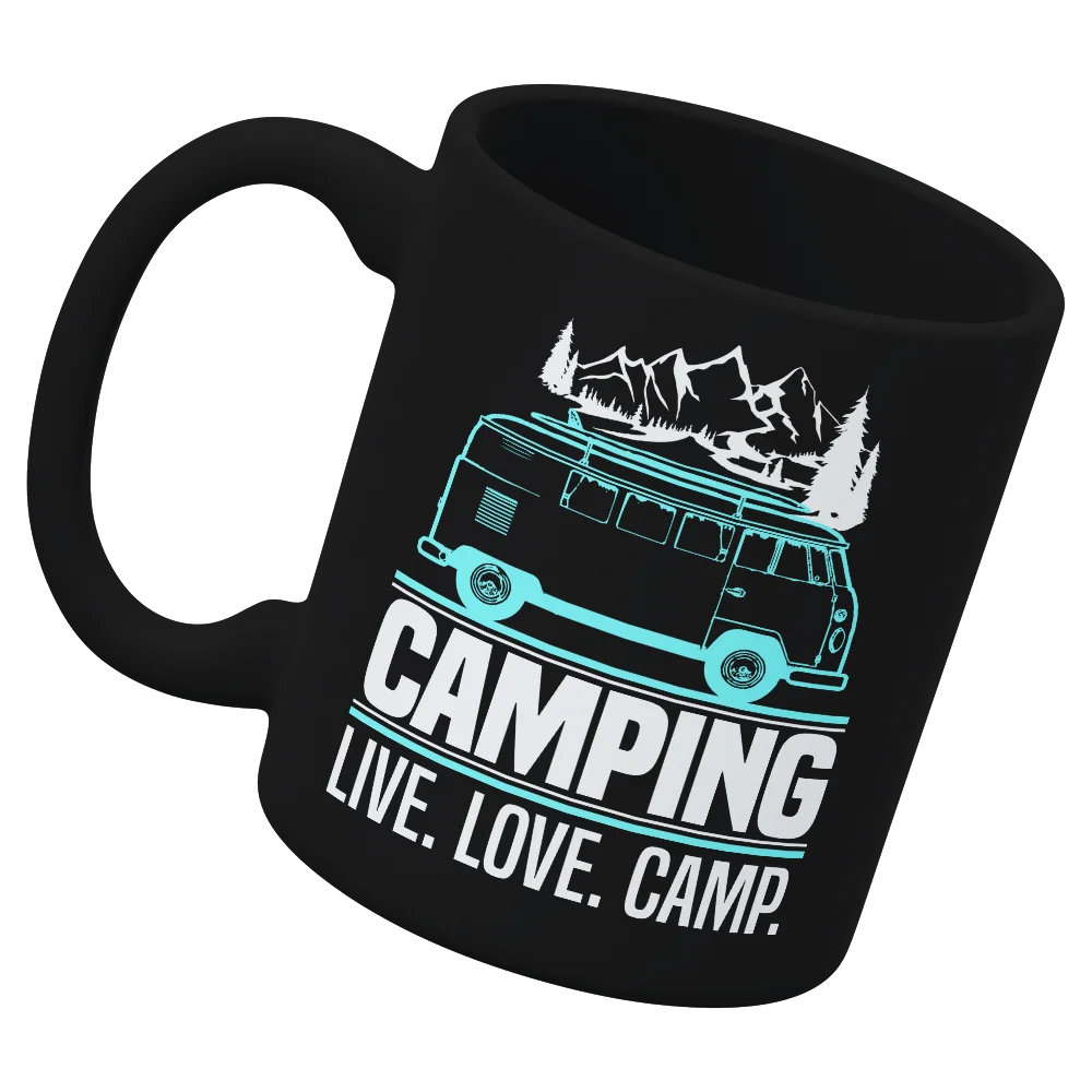 Camping Live Love Camp 11oz Mug with UV printed design, showcasing its sturdy ceramic build and vibrant colors.