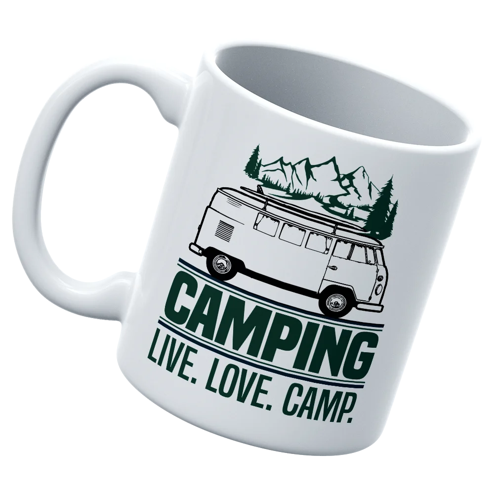 Camping Live Love Camp 11oz Mug with UV printed design, showcasing its sturdy ceramic build and vibrant colors.