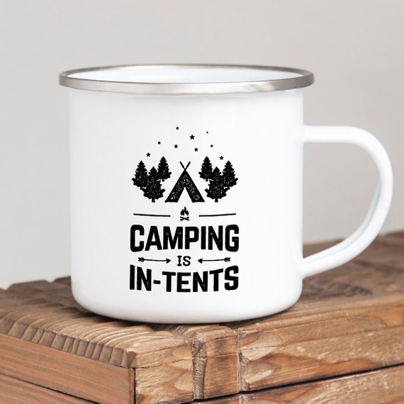 A white enamel camping mug with a stainless steel rim, featuring a vibrant design printed on both sides, perfect for outdoor adventures.