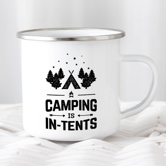 A white enamel camping mug with a stainless steel rim, featuring a vibrant design printed on both sides, perfect for outdoor adventures.