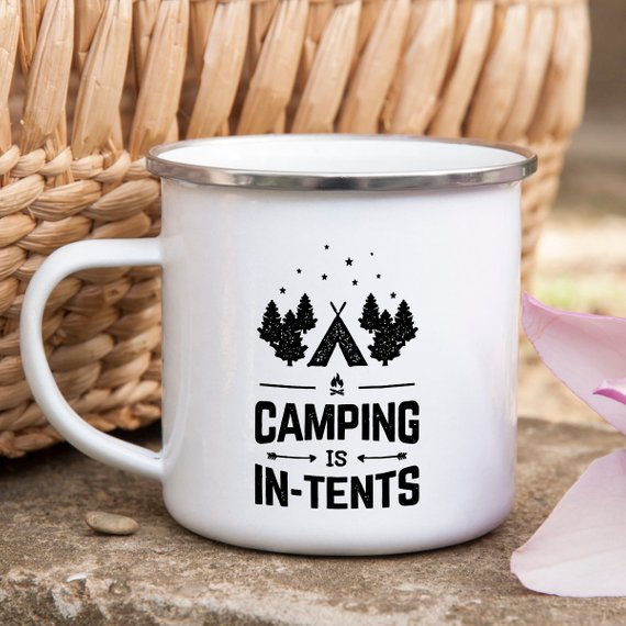 A white enamel camping mug with a stainless steel rim, featuring a vibrant design printed on both sides, perfect for outdoor adventures.