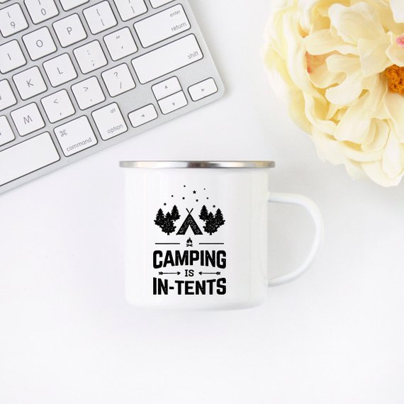 A white enamel camping mug with a stainless steel rim, featuring a vibrant design printed on both sides, perfect for outdoor adventures.