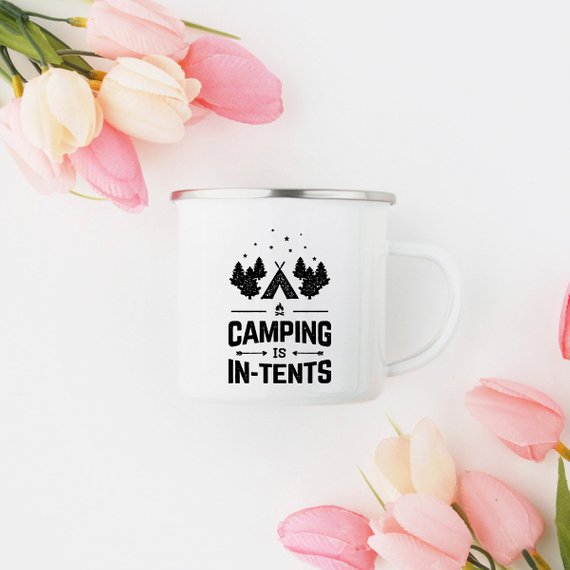 A white enamel camping mug with a stainless steel rim, featuring a vibrant design printed on both sides, perfect for outdoor adventures.