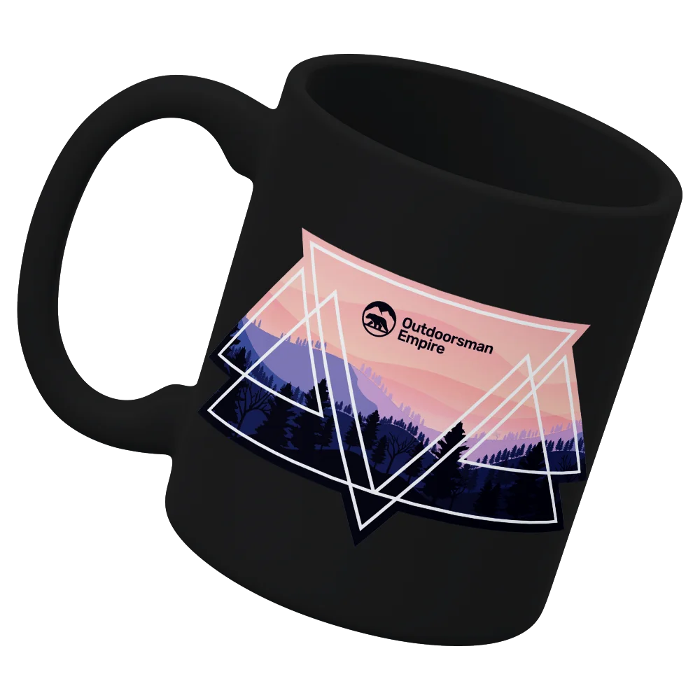 Camping Triangles 11oz Mug with vibrant UV printed design, showcasing its sturdy ceramic build and glazed finish.