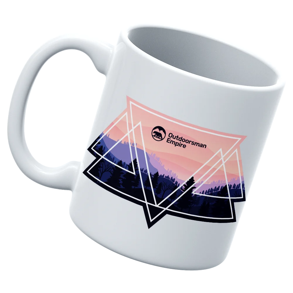 Camping Triangles 11oz Mug with vibrant UV printed design, showcasing its sturdy ceramic build and glazed finish.