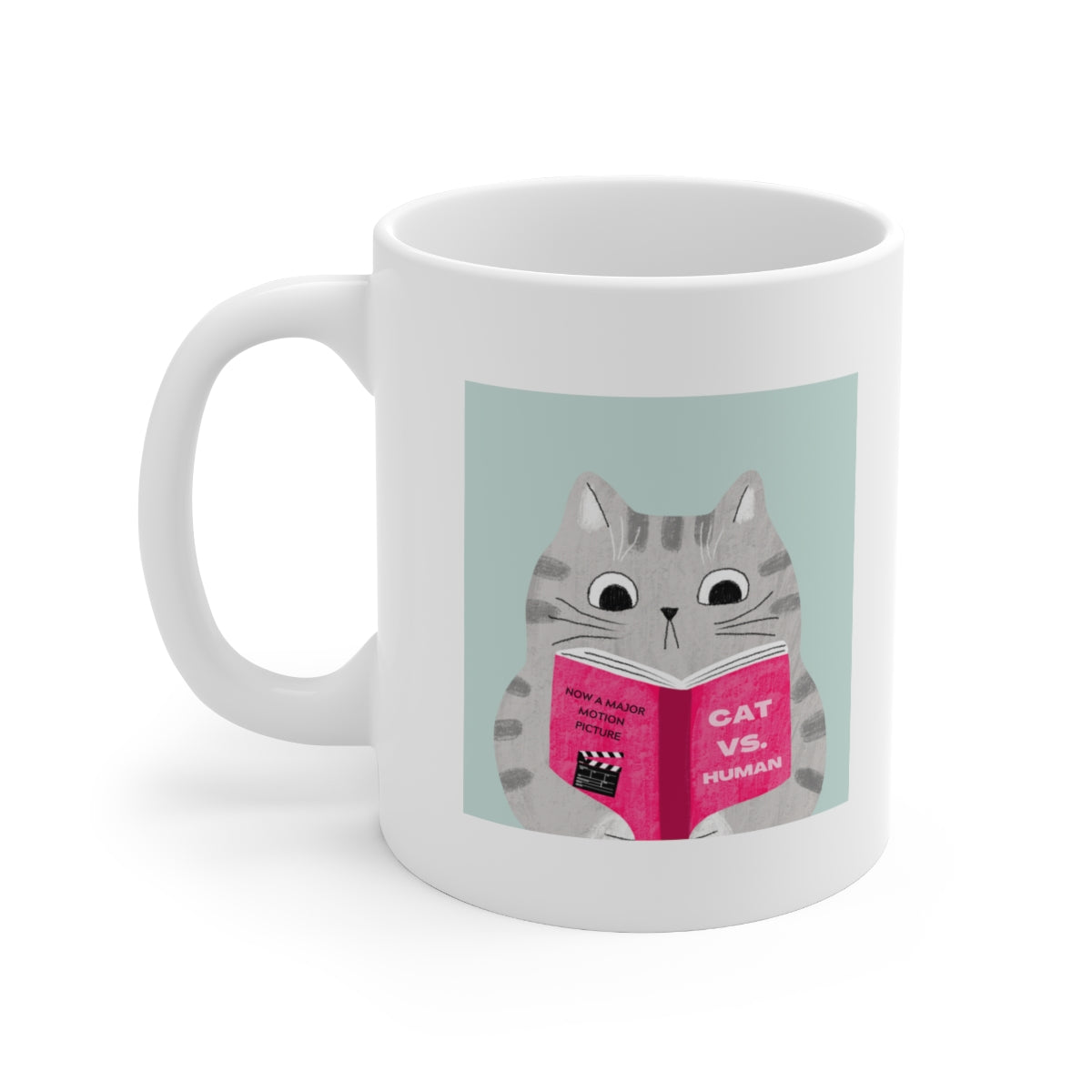 A humorous Cat Vs. Human Funny Mug made of white ceramic, featuring a playful design, perfect for coffee and tea lovers.