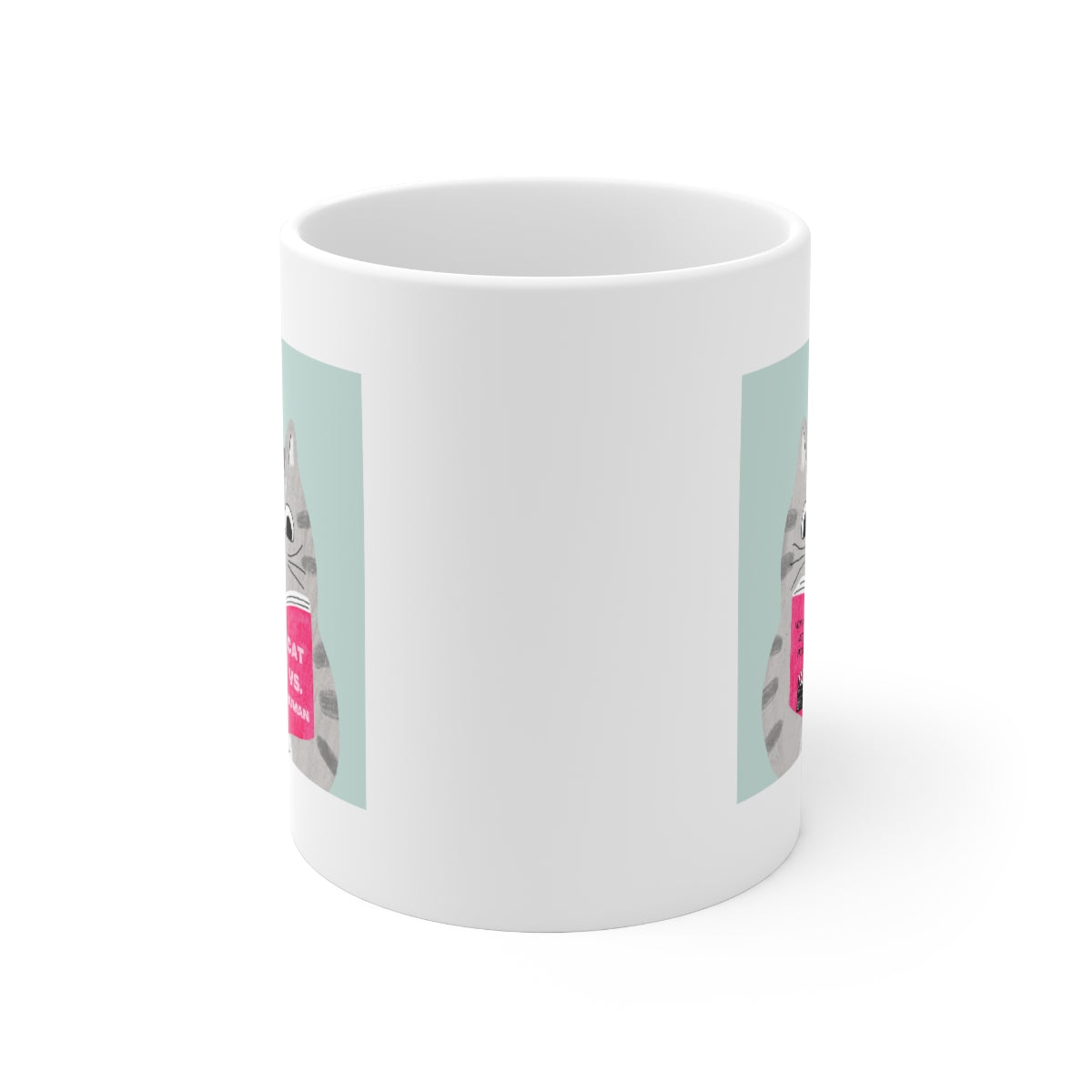 A humorous Cat Vs. Human Funny Mug made of white ceramic, featuring a playful design, perfect for coffee and tea lovers.