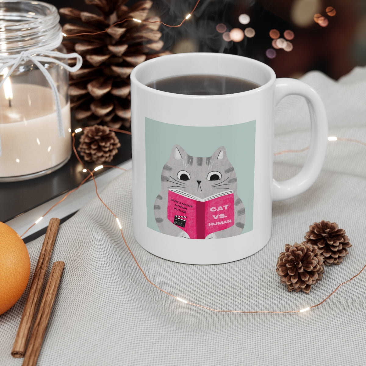 A humorous Cat Vs. Human Funny Mug made of white ceramic, featuring a playful design, perfect for coffee and tea lovers.