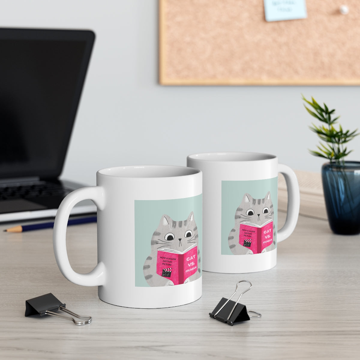 A humorous Cat Vs. Human Funny Mug made of white ceramic, featuring a playful design, perfect for coffee and tea lovers.