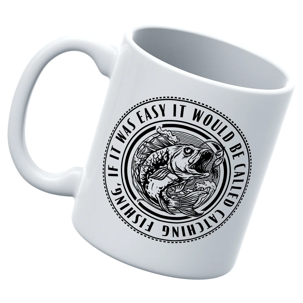 Catching Fishing 11oz Mug with UV printed design showcasing fishing theme, sturdy ceramic material, and comfortable handle.