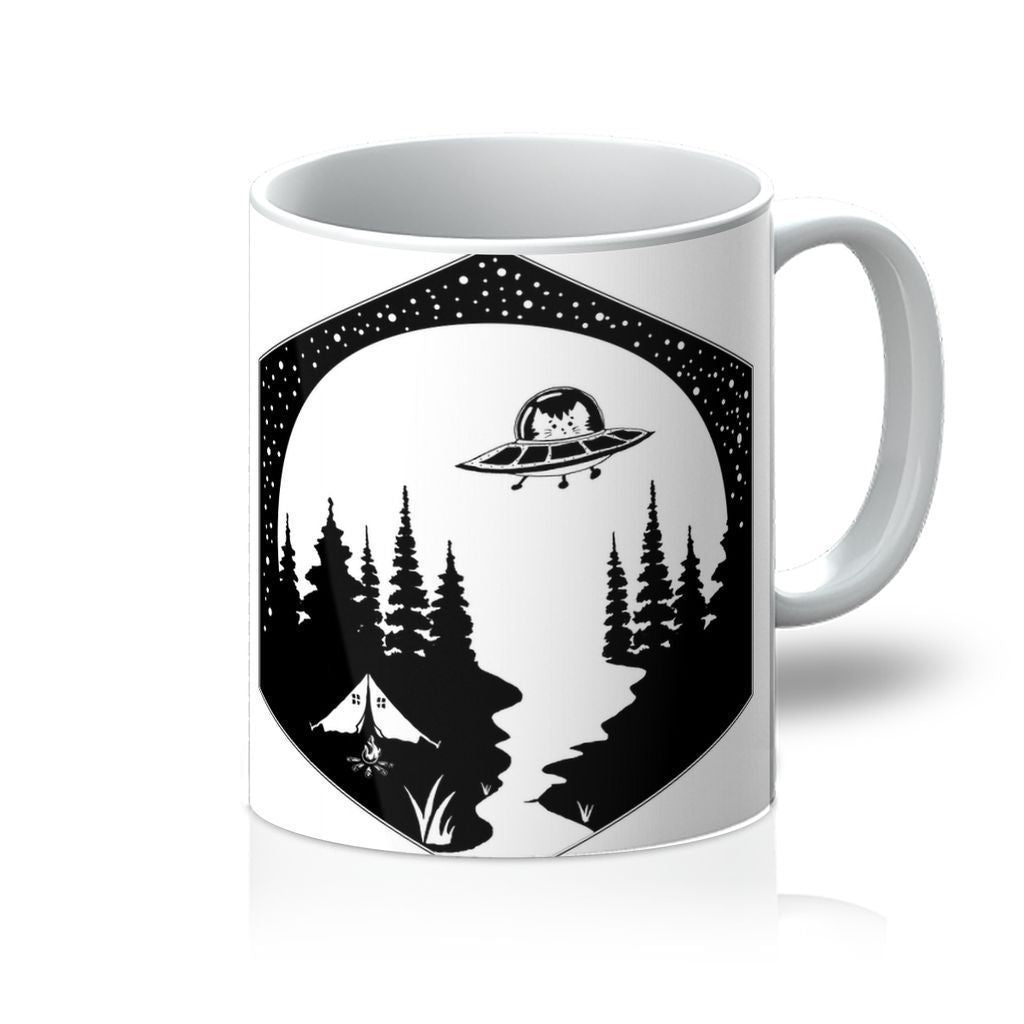 A stylish 11oz ceramic mug featuring a whimsical cat design, perfect for camping and home use, with a glossy finish and sturdy handle.