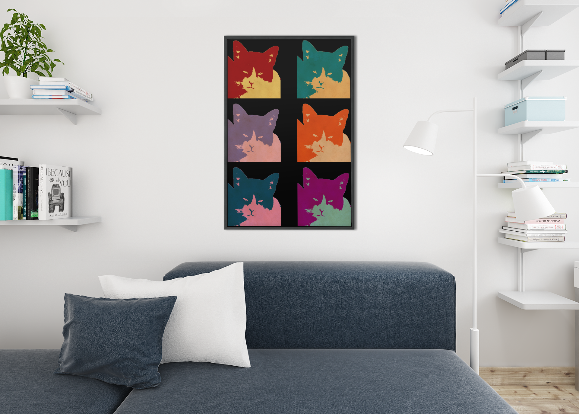 Cats Today 6-Panel Dark Portrait Pop Art Canvas Print featuring vibrant colors and textures, perfect for modern decor.