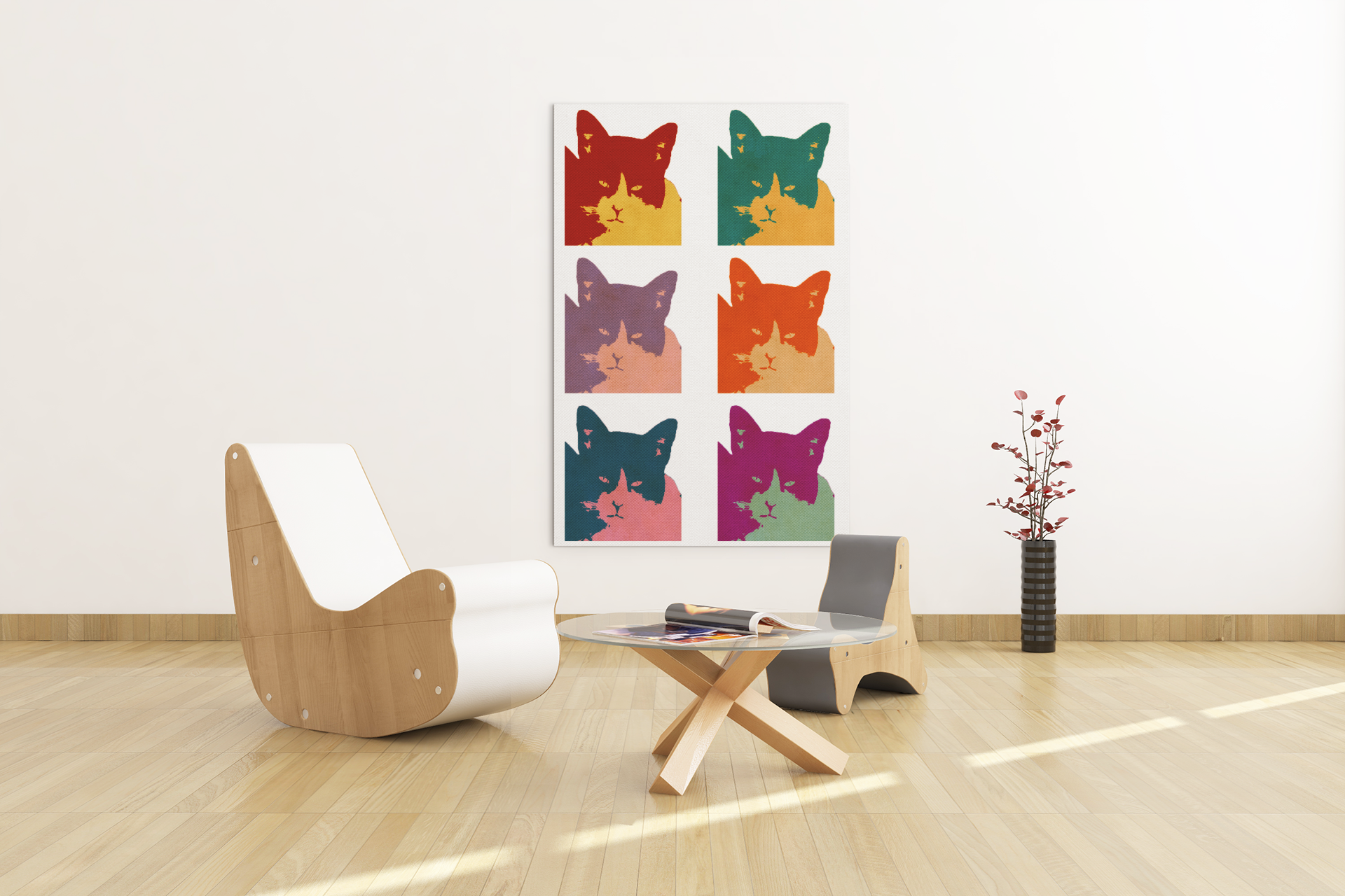 Cats Today 6-Panel Pop Art Canvas Print featuring vibrant colors and playful cat designs, perfect for modern home decor.