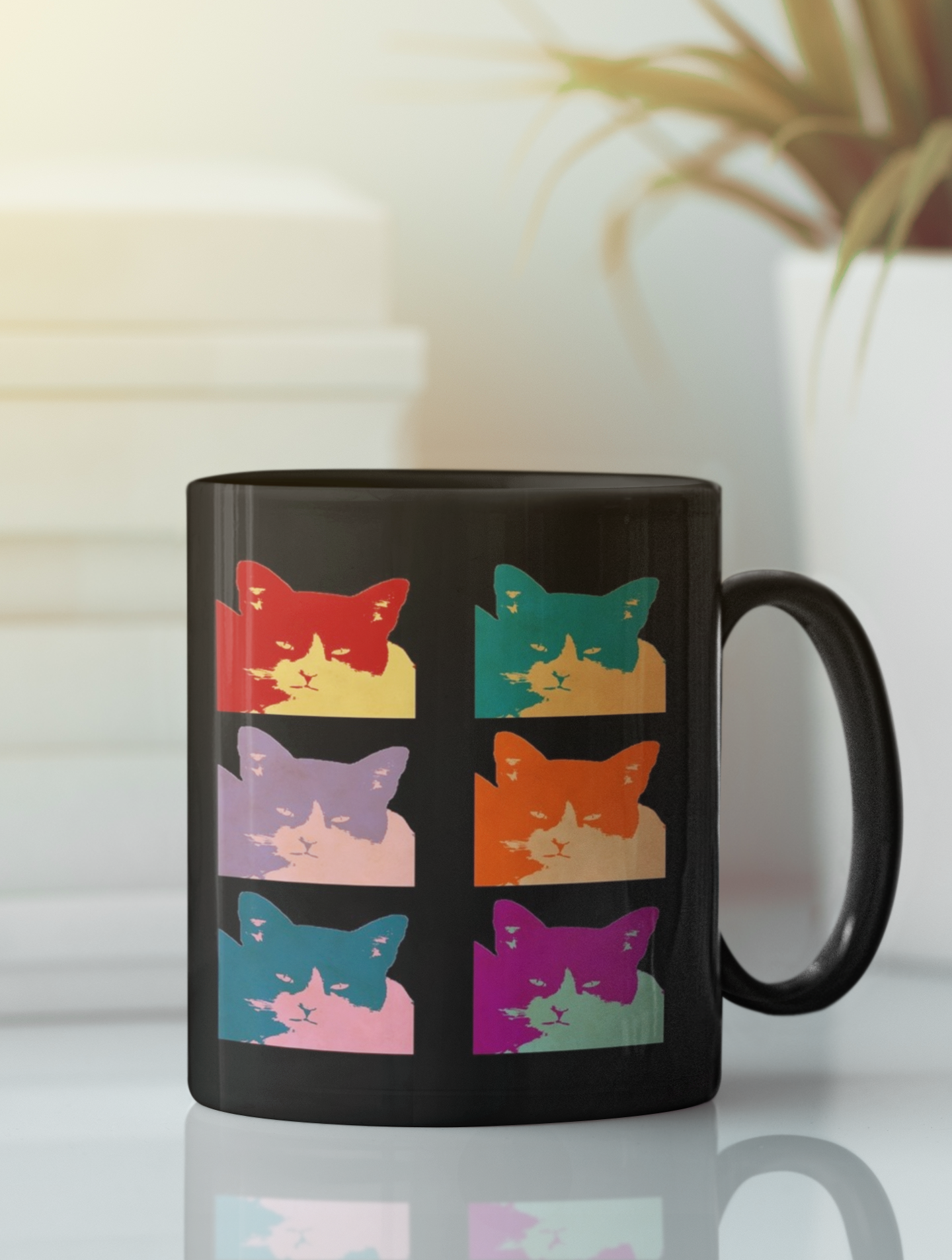 Cats Today 6-Panel Pop Art Coffee Mug featuring a colorful cat design in Andy Warhol style, available in white and black.