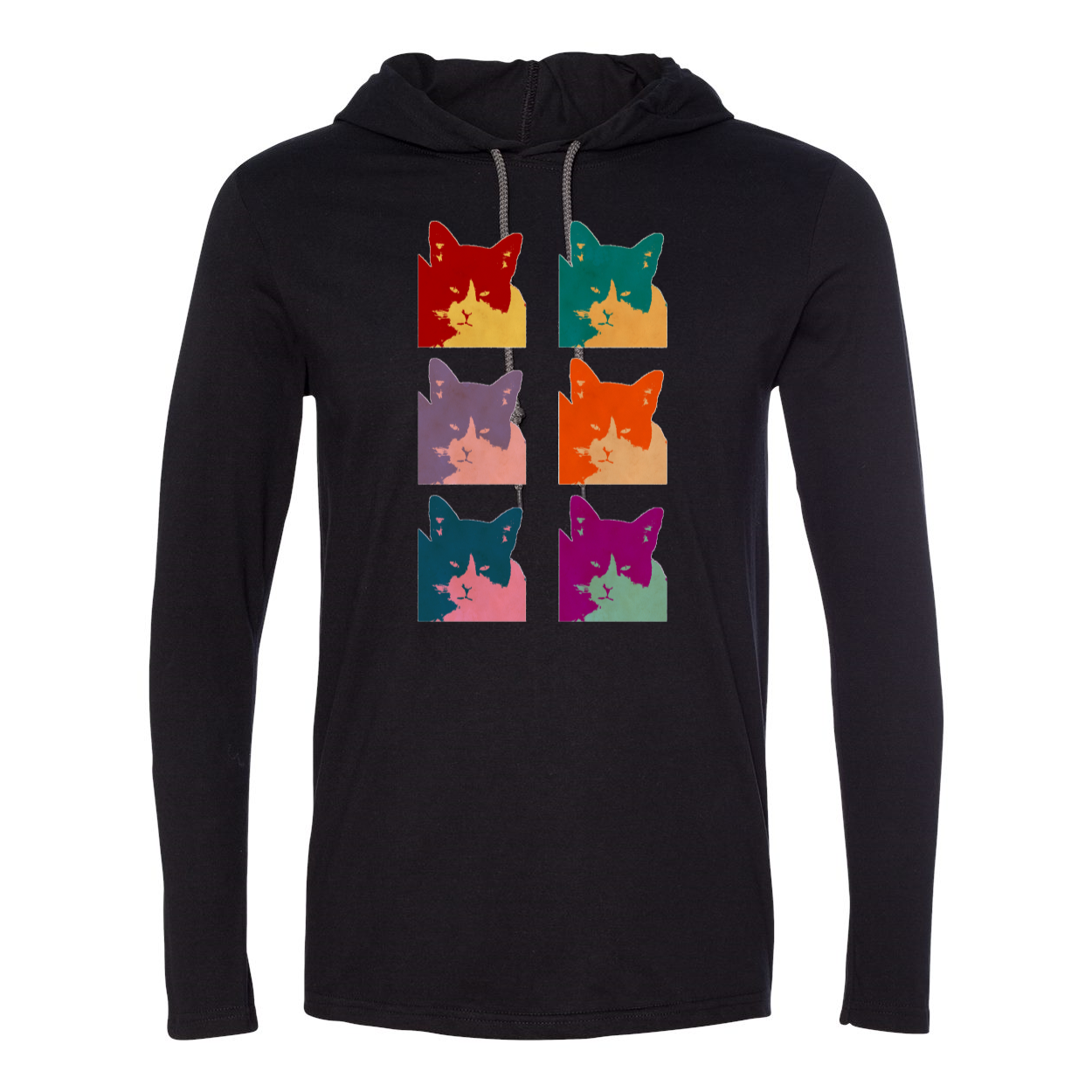 A stylish Cat's Today Long Sleeve Hooded T-Shirt in soft cotton, featuring a relaxed hood and contrast drawcord.