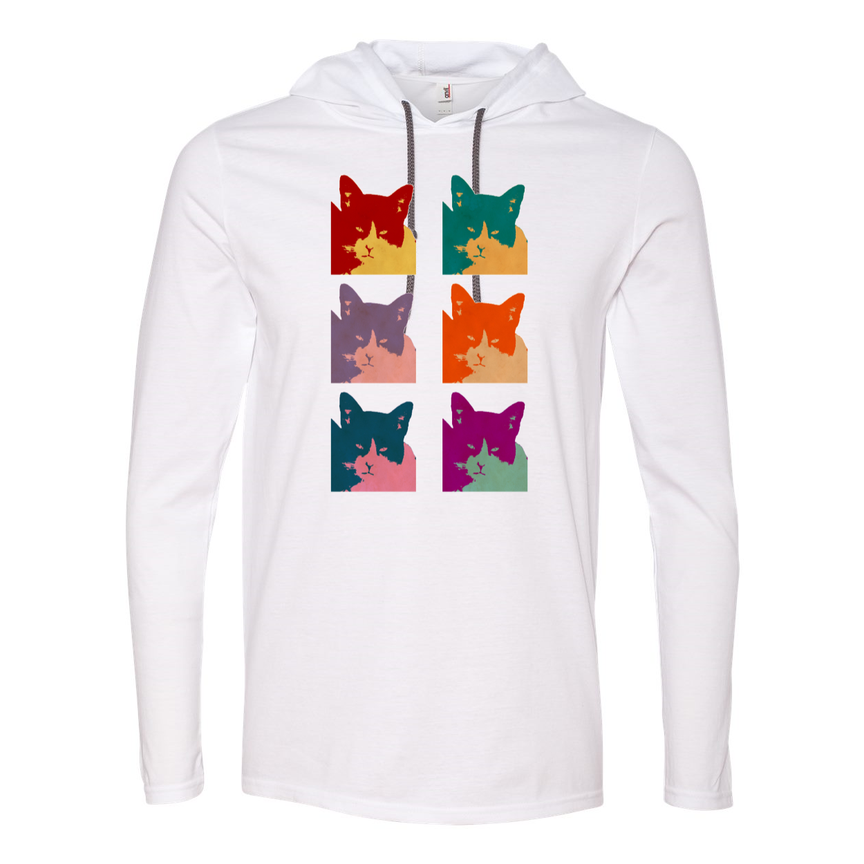 A stylish Cat's Today Long Sleeve Hooded T-Shirt in soft cotton, featuring a relaxed hood and contrast drawcord.