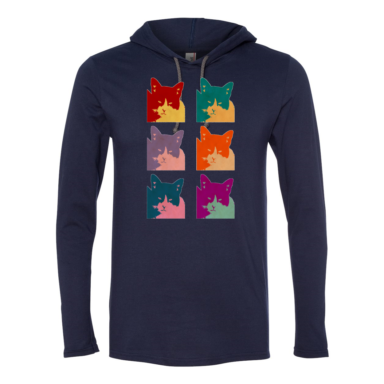 A stylish Cat's Today Long Sleeve Hooded T-Shirt in soft cotton, featuring a relaxed hood and contrast drawcord.