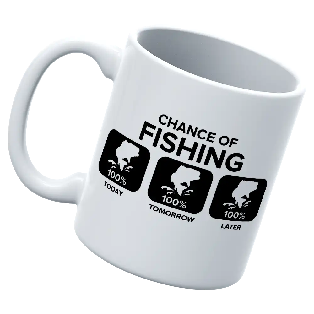 Chance of Fishing 11oz Mug with vibrant UV printed design, showcasing its sturdy ceramic build and glazed finish.