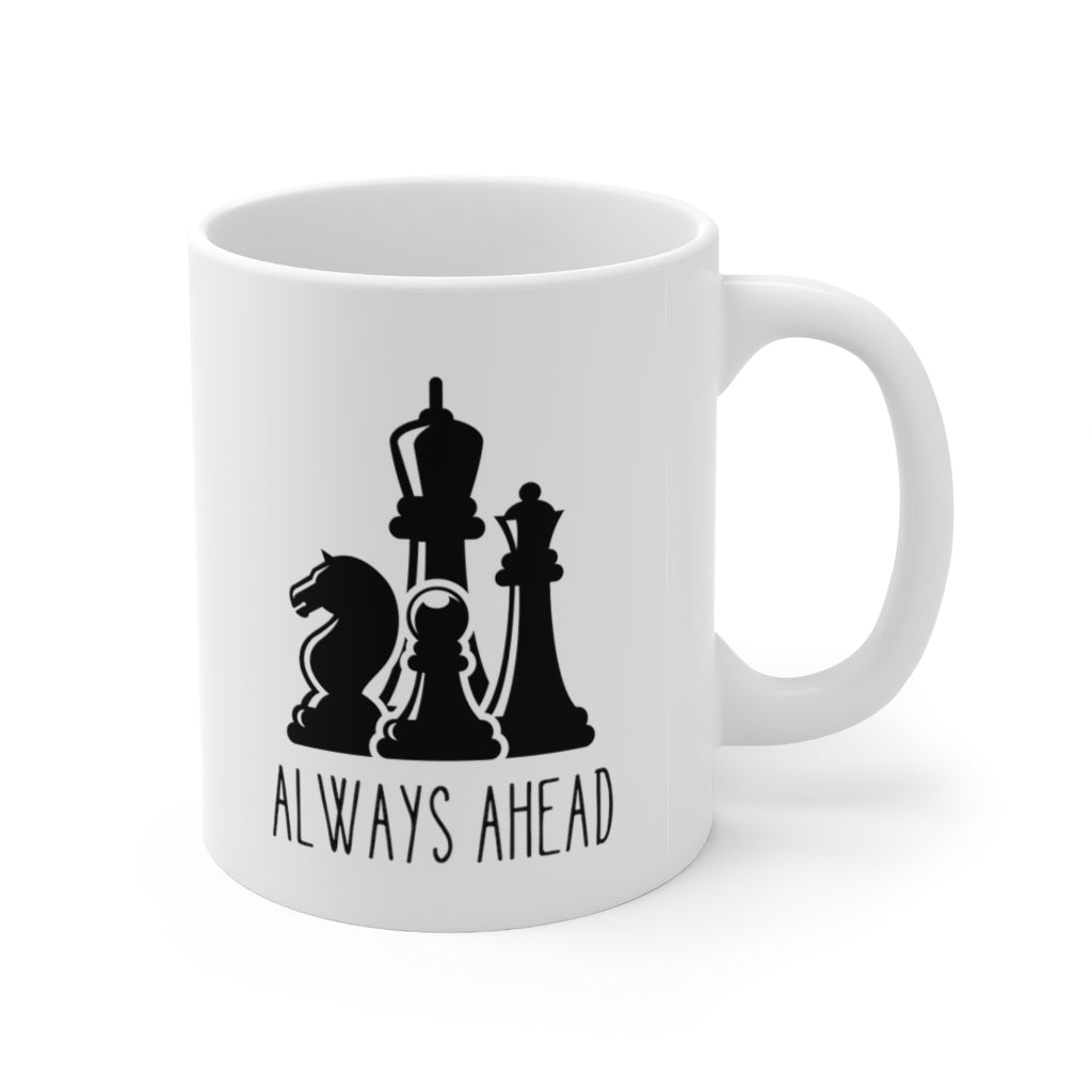 Chess Pieces Always Ahead Ceramic Mug, 11oz, featuring a unique chess design on a white ceramic body.