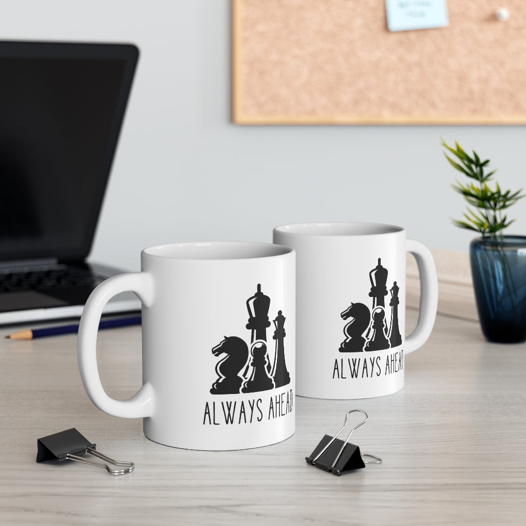 Chess Pieces Always Ahead Ceramic Mug, 11oz, featuring a unique chess design on a white ceramic body.