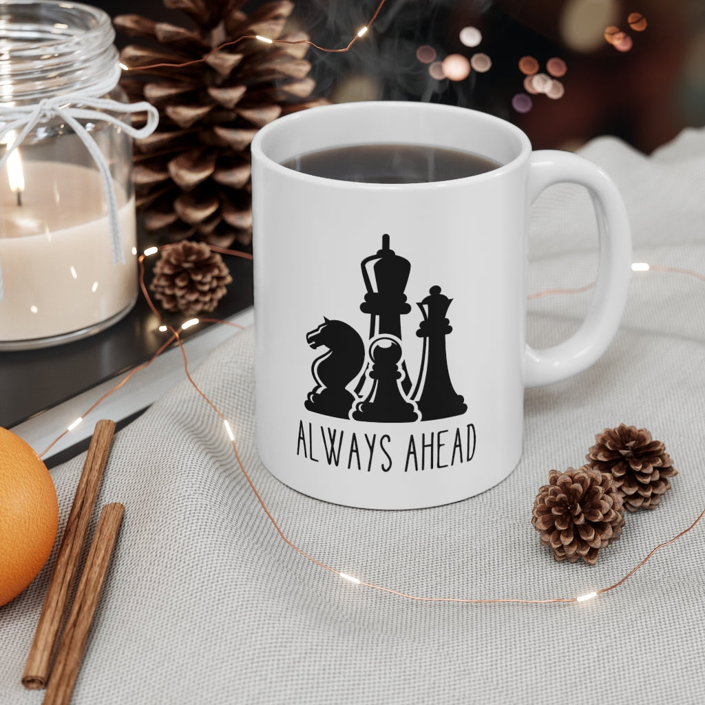 Chess Pieces Always Ahead Ceramic Mug, 11oz, featuring a unique chess design on a white ceramic body.