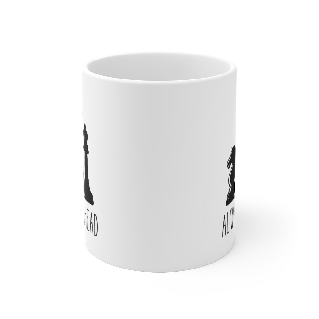 Chess Pieces Always Ahead Ceramic Mug, 11oz, featuring a unique chess design on a white ceramic body.