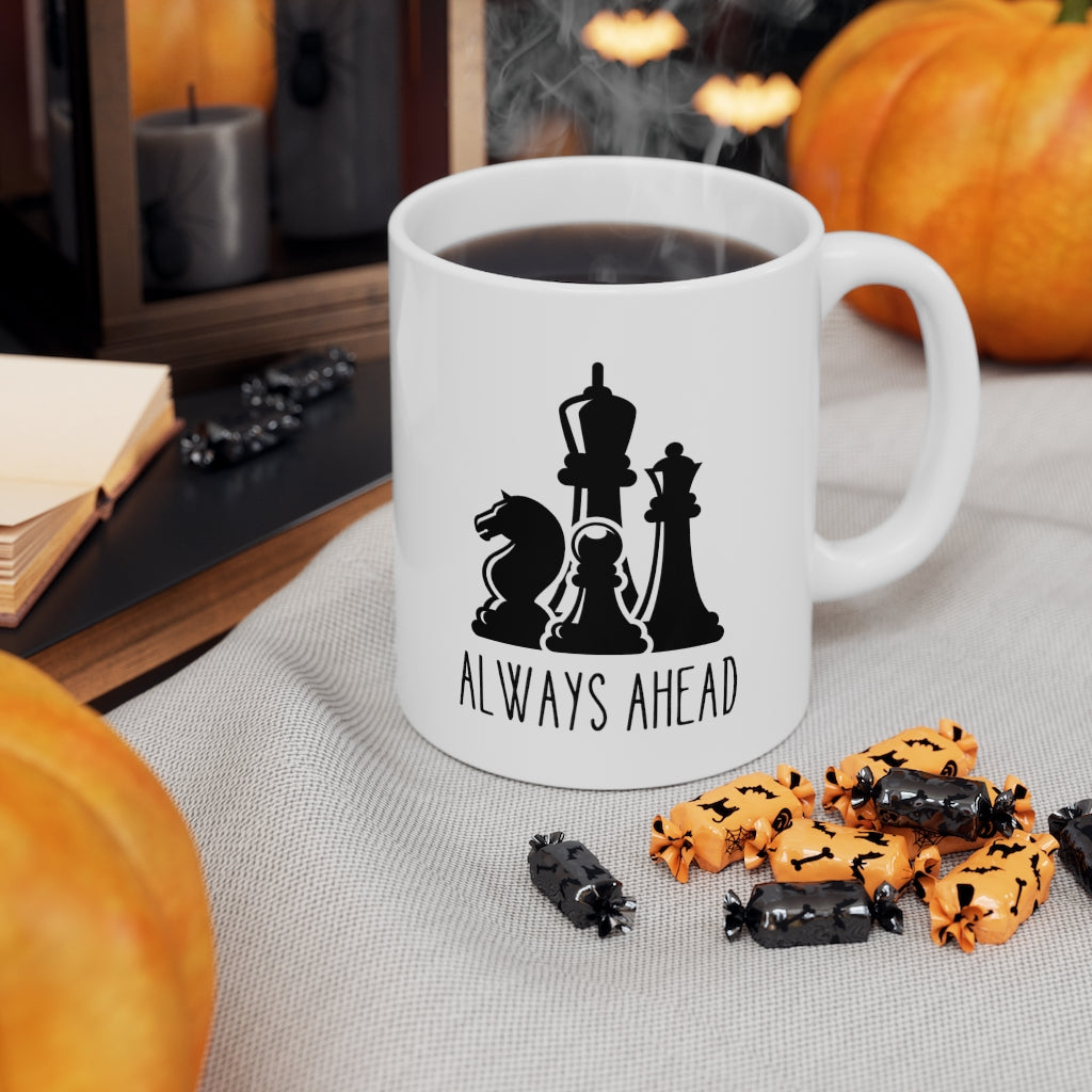 Chess Pieces Always Ahead Ceramic Mug, 11oz, featuring a unique chess design on a white ceramic body.