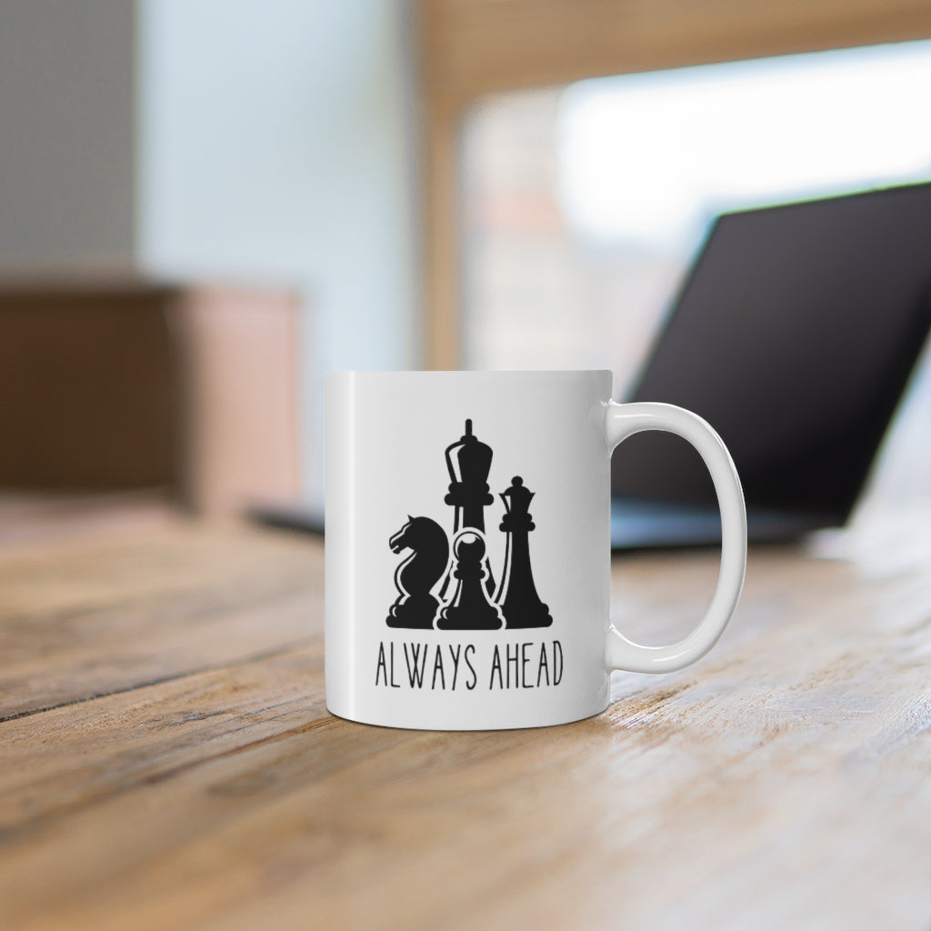 Chess Pieces Always Ahead Ceramic Mug, 11oz, featuring a unique chess design on a white ceramic body.