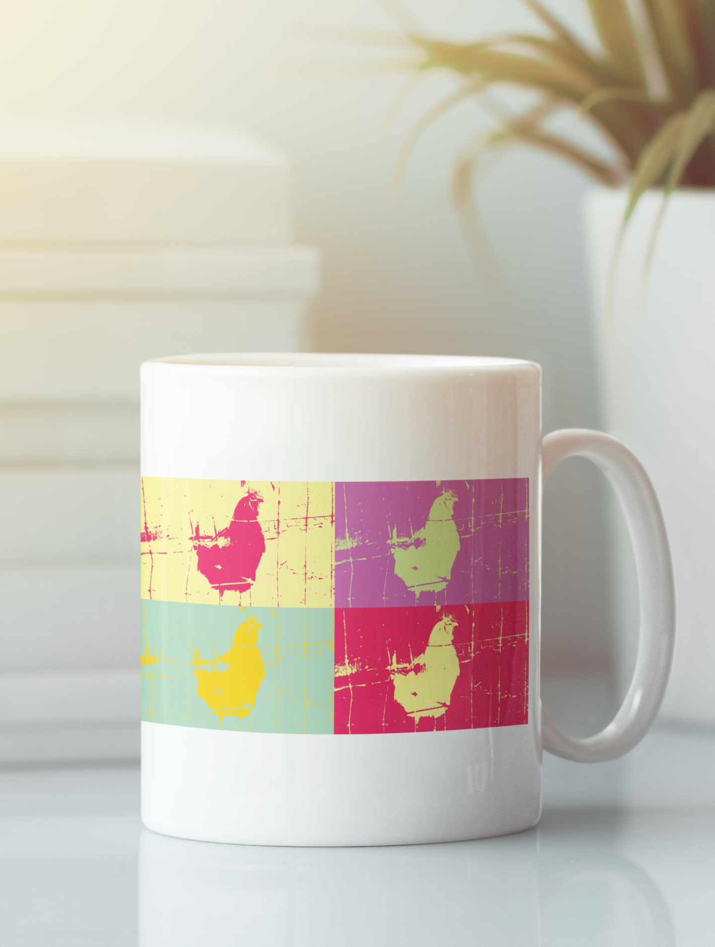 A vibrant Chicken 4-Panel Abstract Pop Coffee Mug featuring a colorful pop art design, perfect for coffee and tea lovers.