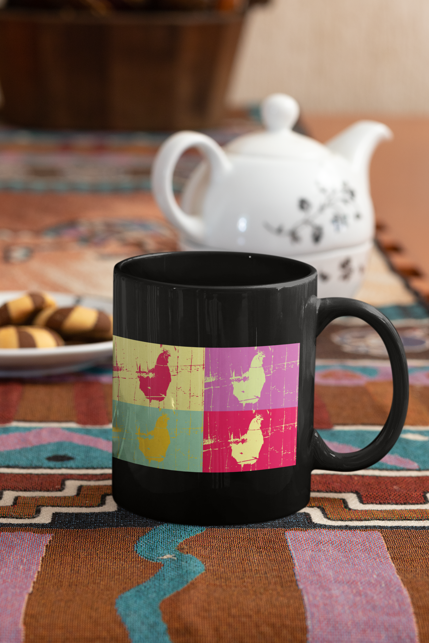 A vibrant Chicken 4-Panel Abstract Pop Coffee Mug featuring a colorful pop art design, perfect for coffee and tea lovers.