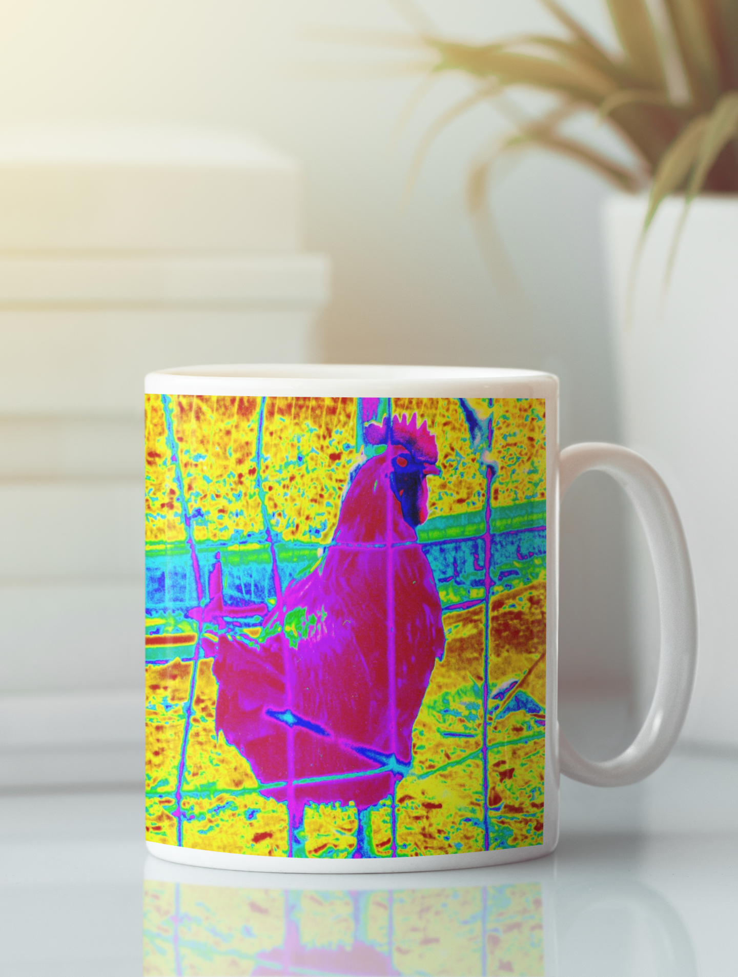 Colorful Chicken Modern Pop Art ceramic coffee mug with ergonomic handle, featuring vibrant pop art design on both sides.