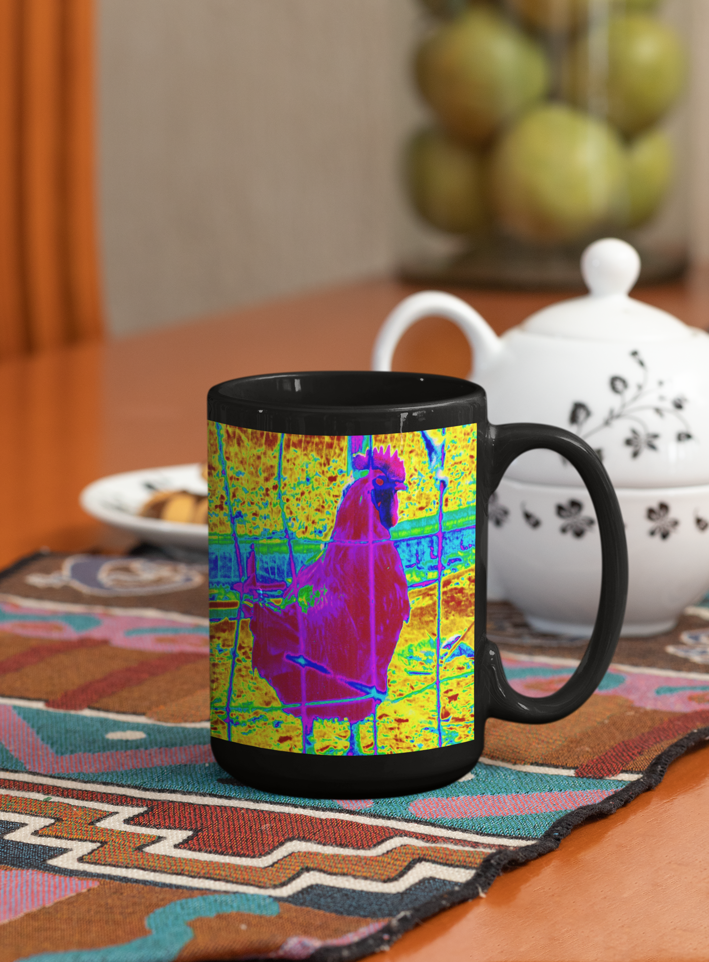 Colorful Chicken Modern Pop Art ceramic coffee mug with ergonomic handle, featuring vibrant pop art design on both sides.