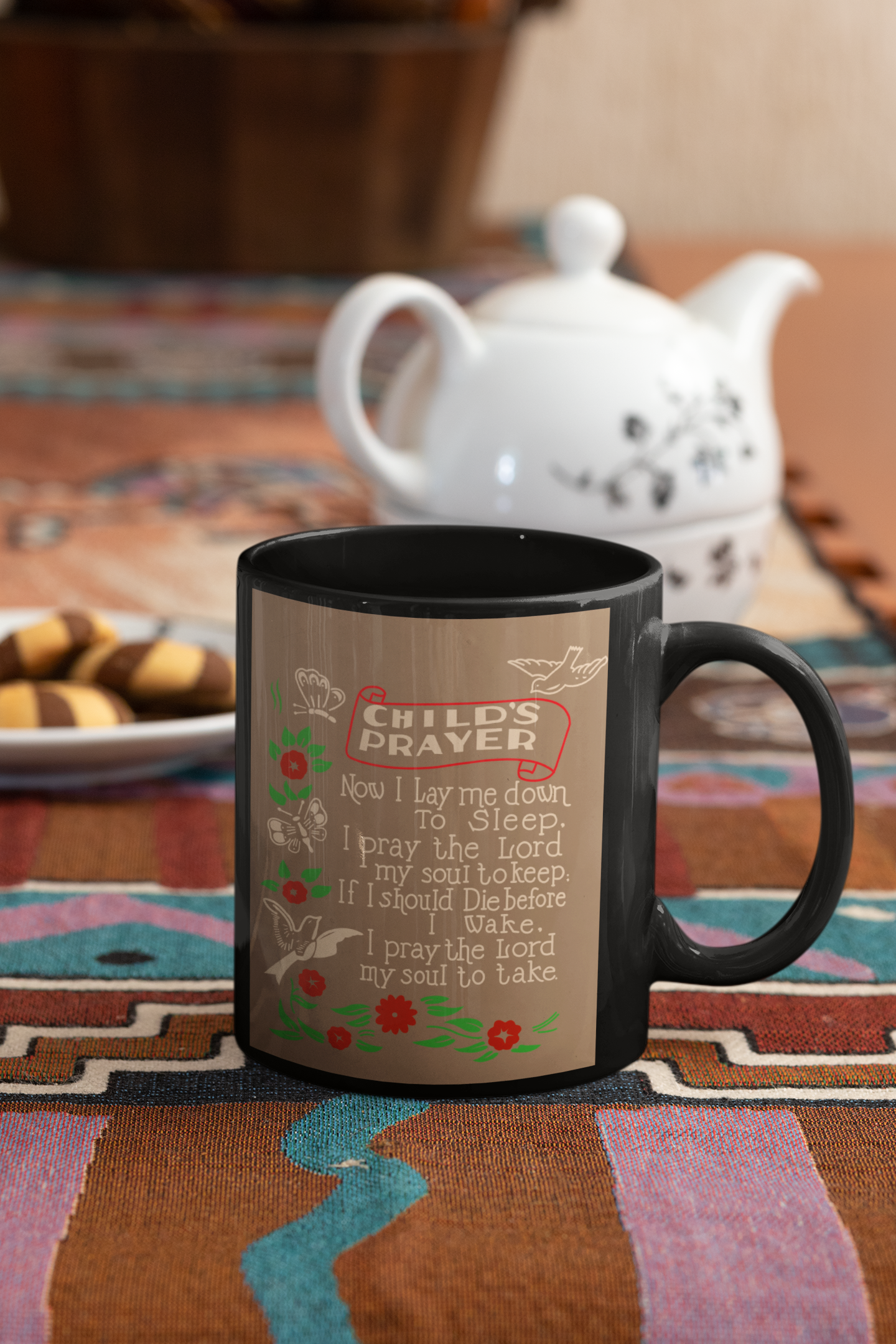 Child's Prayer Pop Art Coffee Mug featuring vibrant colors and a playful design, suitable for kids and adults.