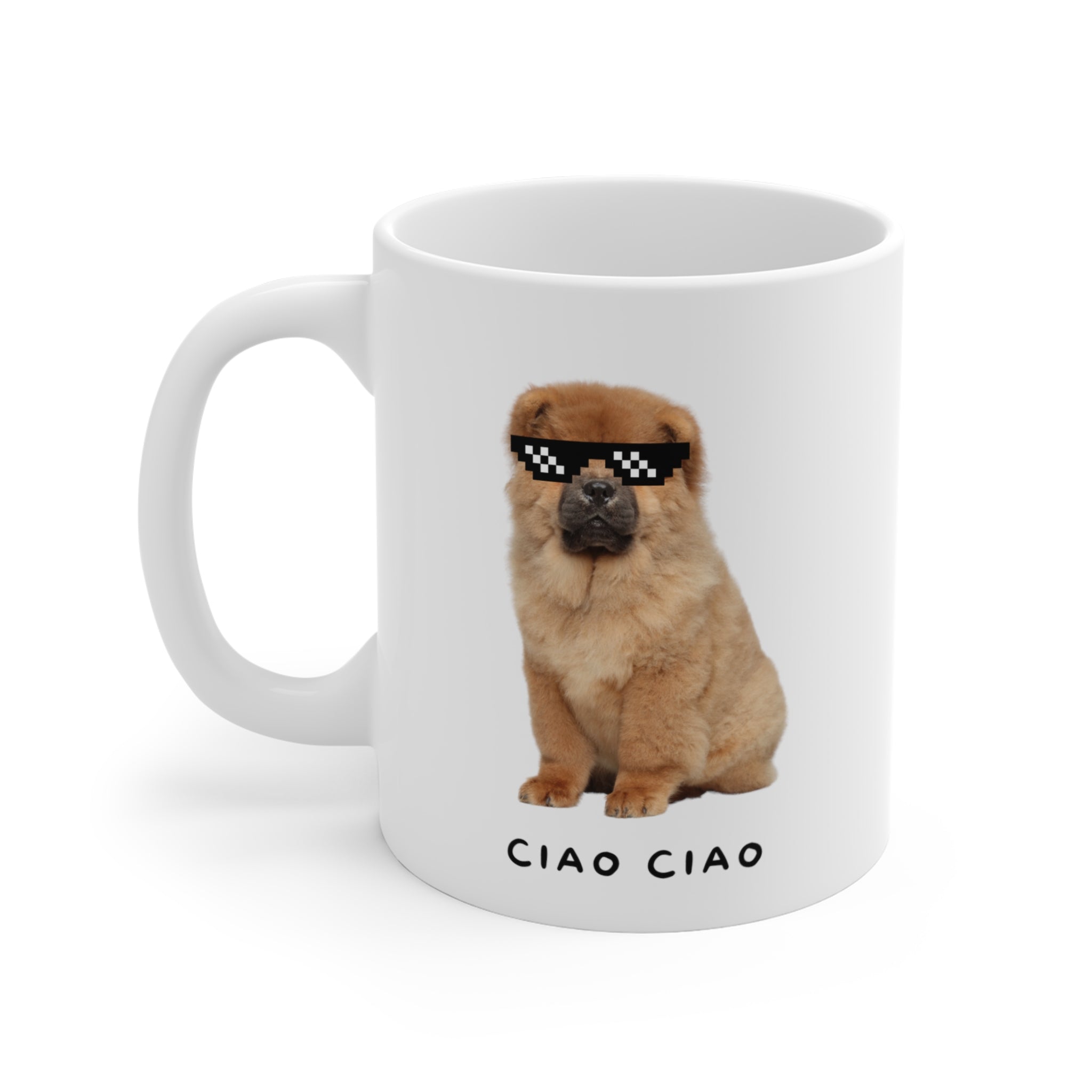 Chow Chow dog wearing pixel sunglasses on a white ceramic mug, perfect for coffee or tea.