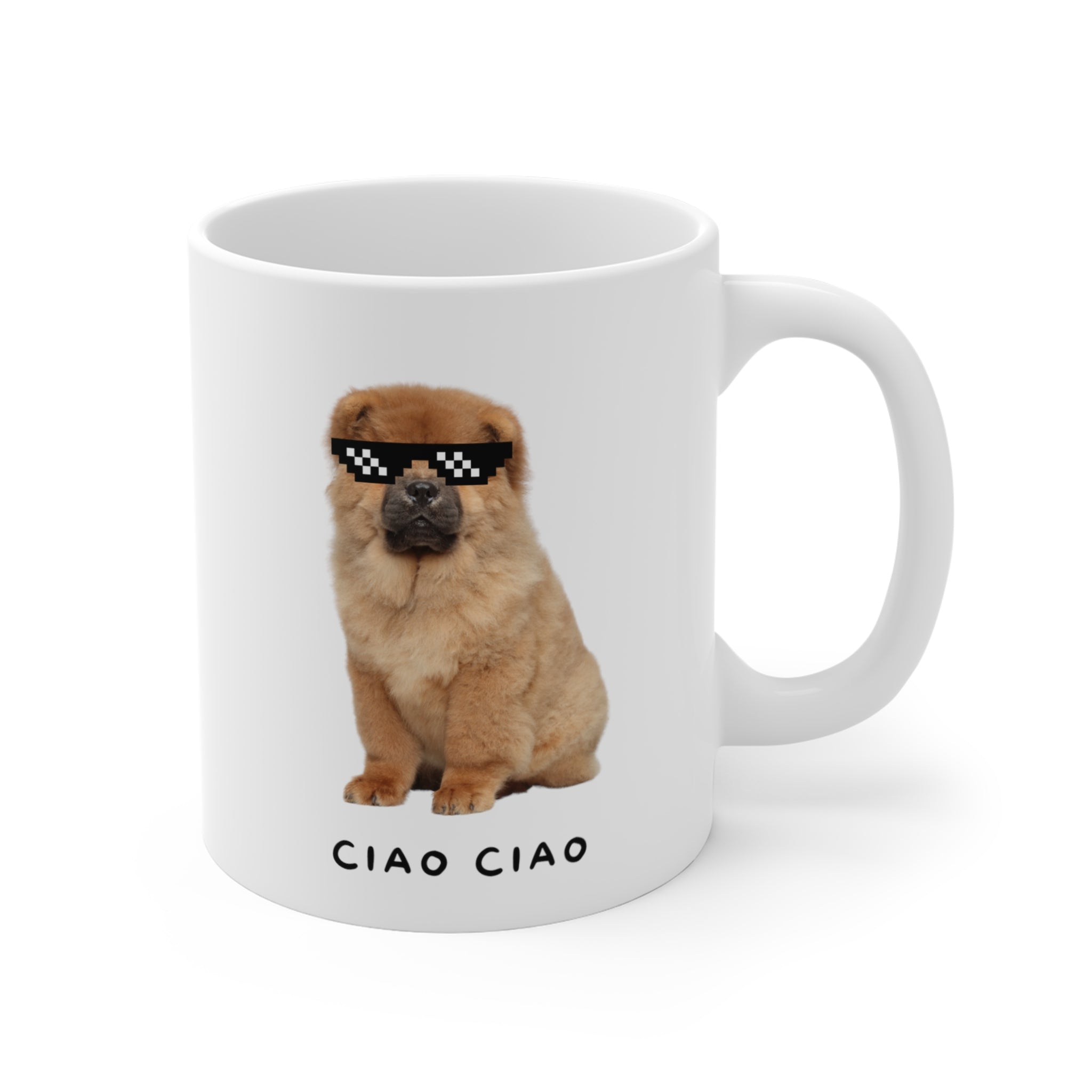 Chow Chow dog wearing pixel sunglasses on a white ceramic mug, perfect for coffee or tea.