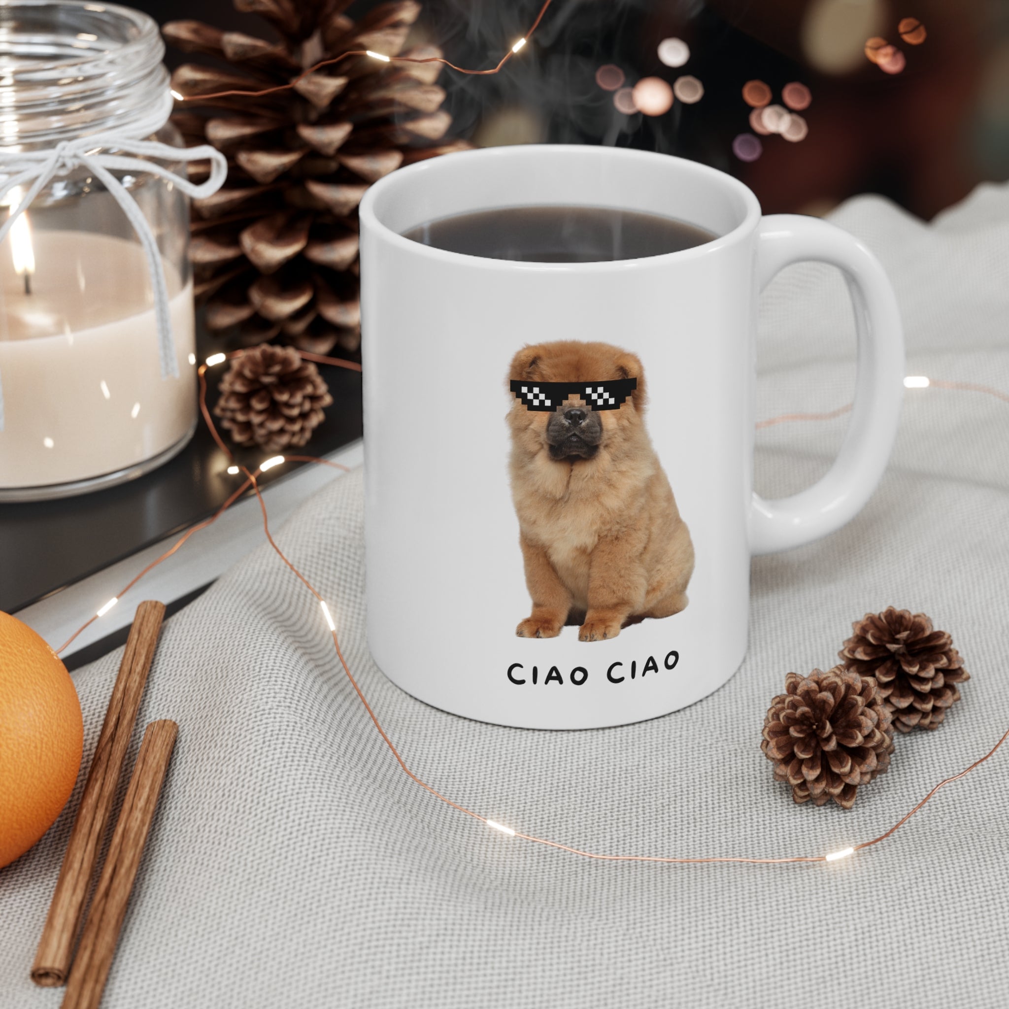 Chow Chow dog wearing pixel sunglasses on a white ceramic mug, perfect for coffee or tea.