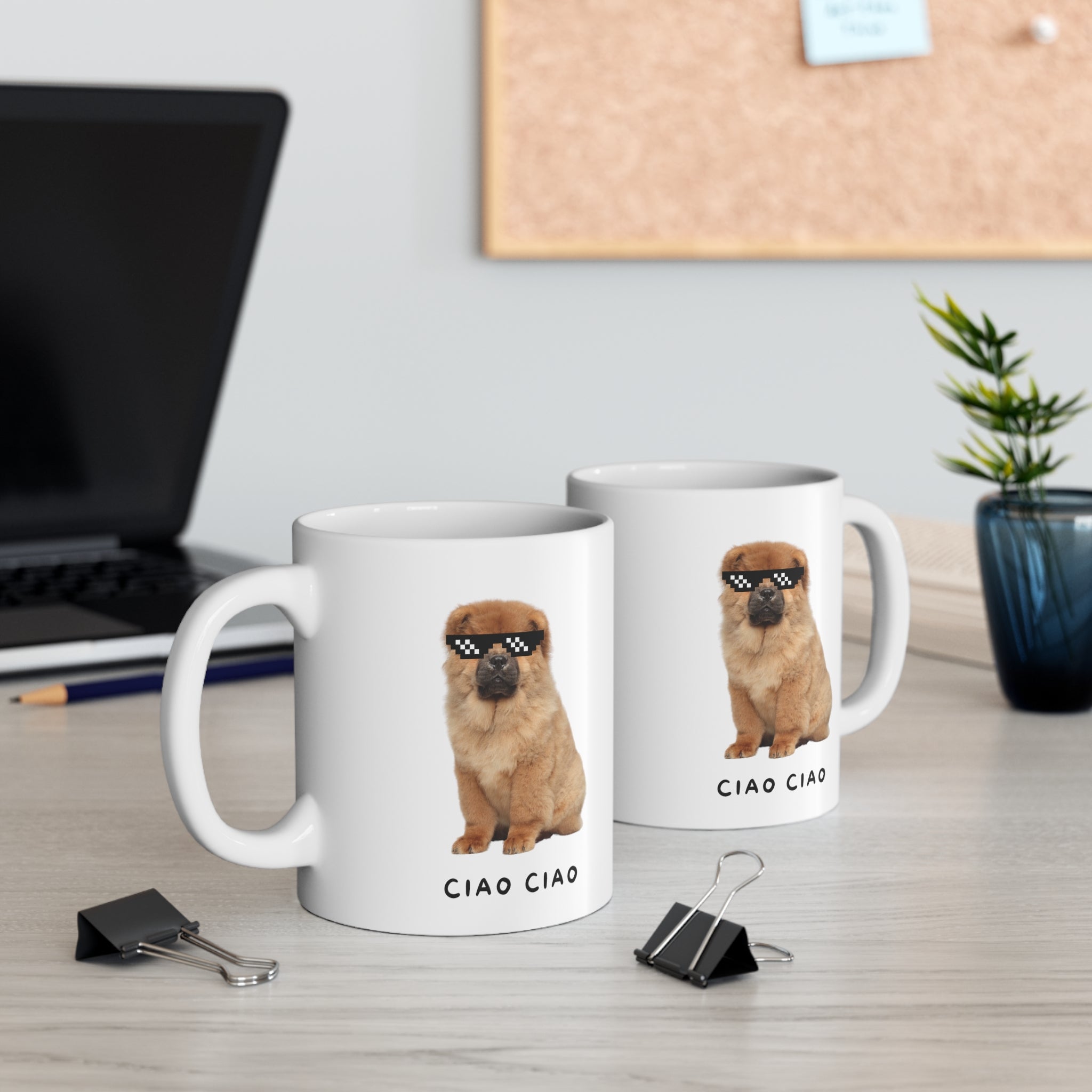 Chow Chow dog wearing pixel sunglasses on a white ceramic mug, perfect for coffee or tea.