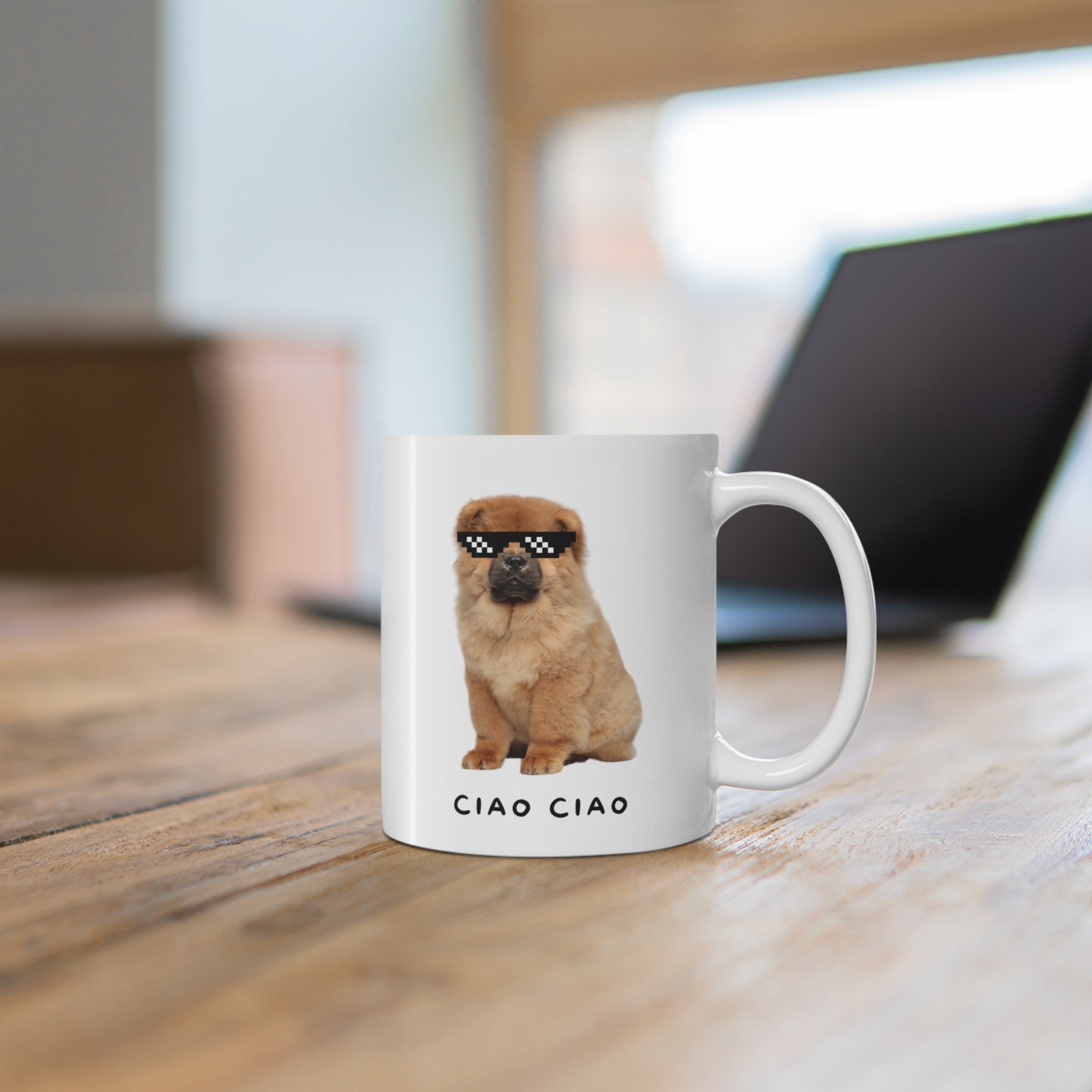 Chow Chow dog wearing pixel sunglasses on a white ceramic mug, perfect for coffee or tea.