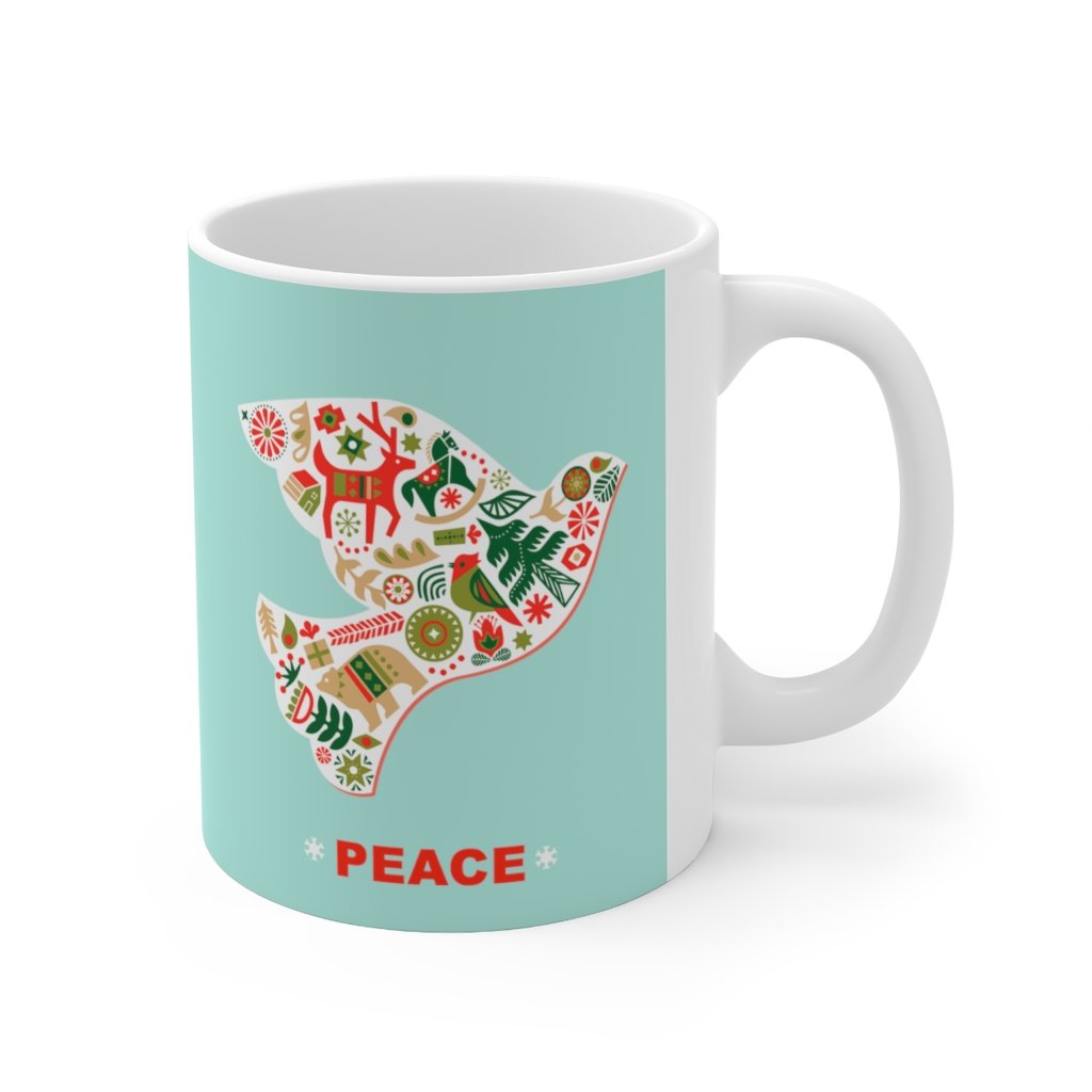 A white ceramic mug featuring a Christmas dove design, perfect for holiday beverages.