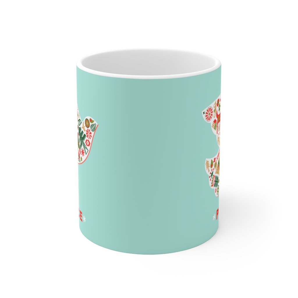 A white ceramic mug featuring a Christmas dove design, perfect for holiday beverages.