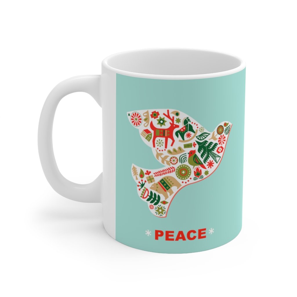 A white ceramic mug featuring a Christmas dove design, perfect for holiday beverages.