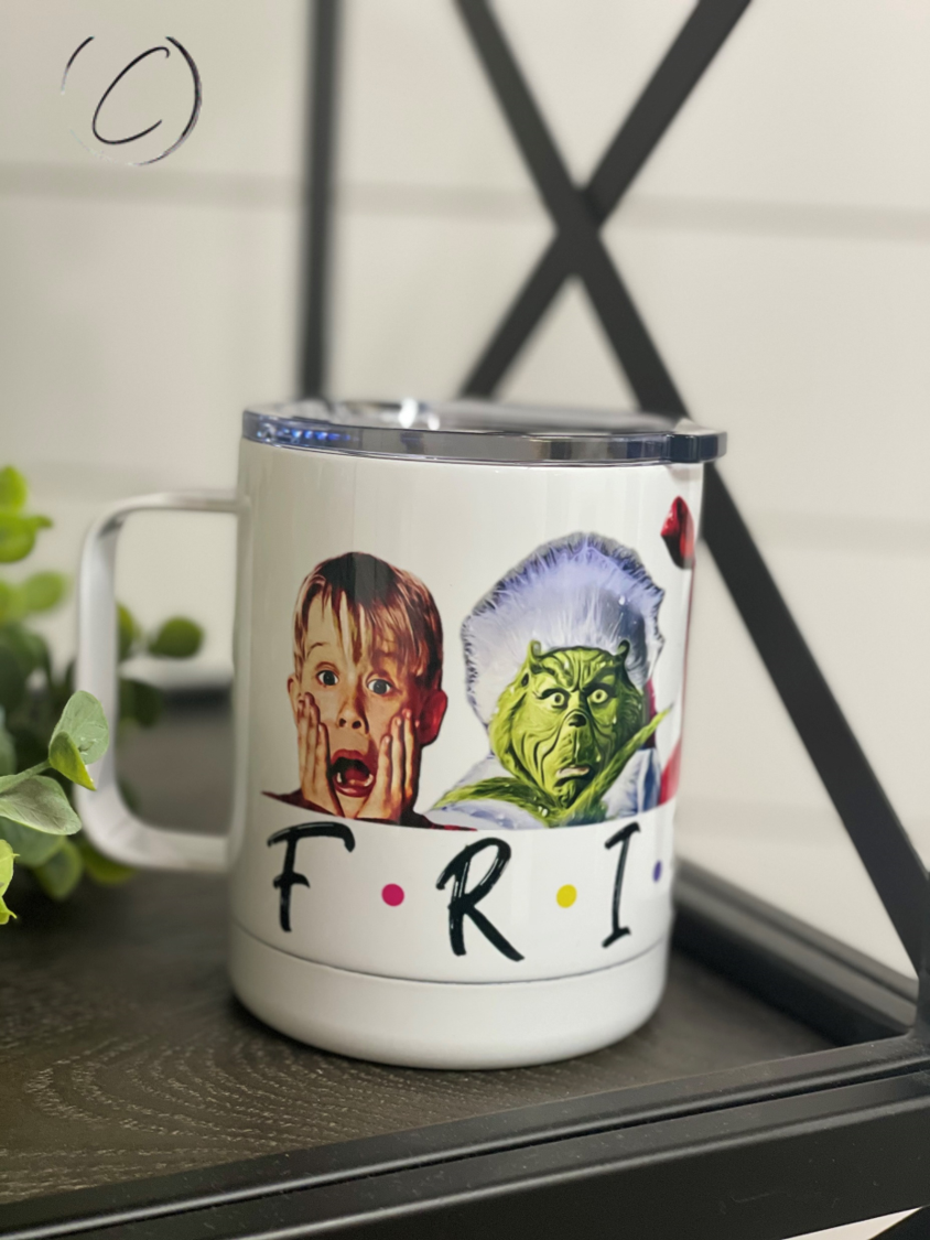 Christmas F*R*I*E*N*D*S 11oz Travel Mug with festive design on both sides, featuring a rubber sealed lid.