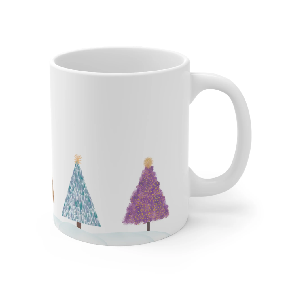 A festive Christmas Tree Holiday Mug made of white ceramic, featuring various holiday tree designs, perfect for hot beverages.