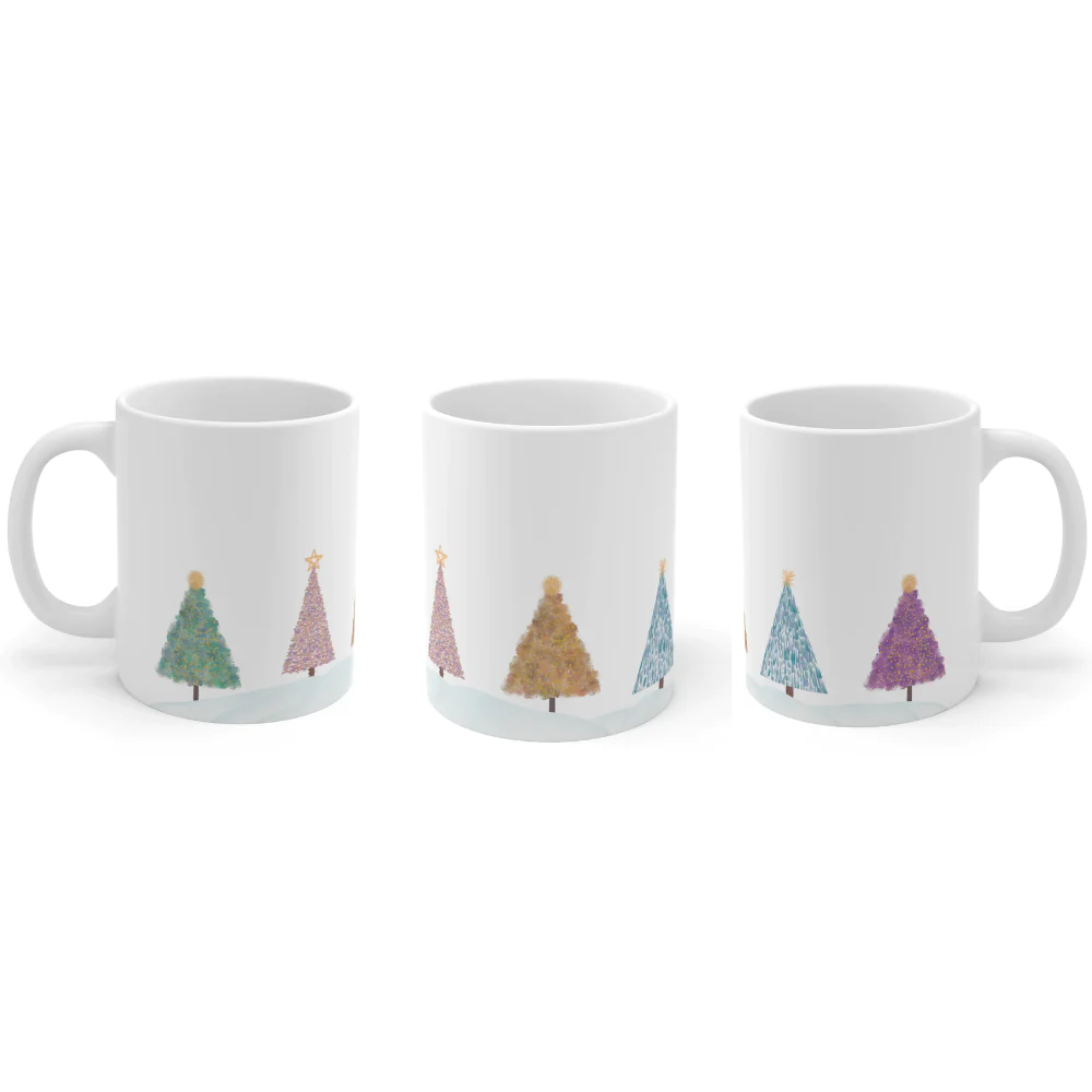 A festive Christmas Tree Holiday Mug made of white ceramic, featuring various holiday tree designs, perfect for hot beverages.