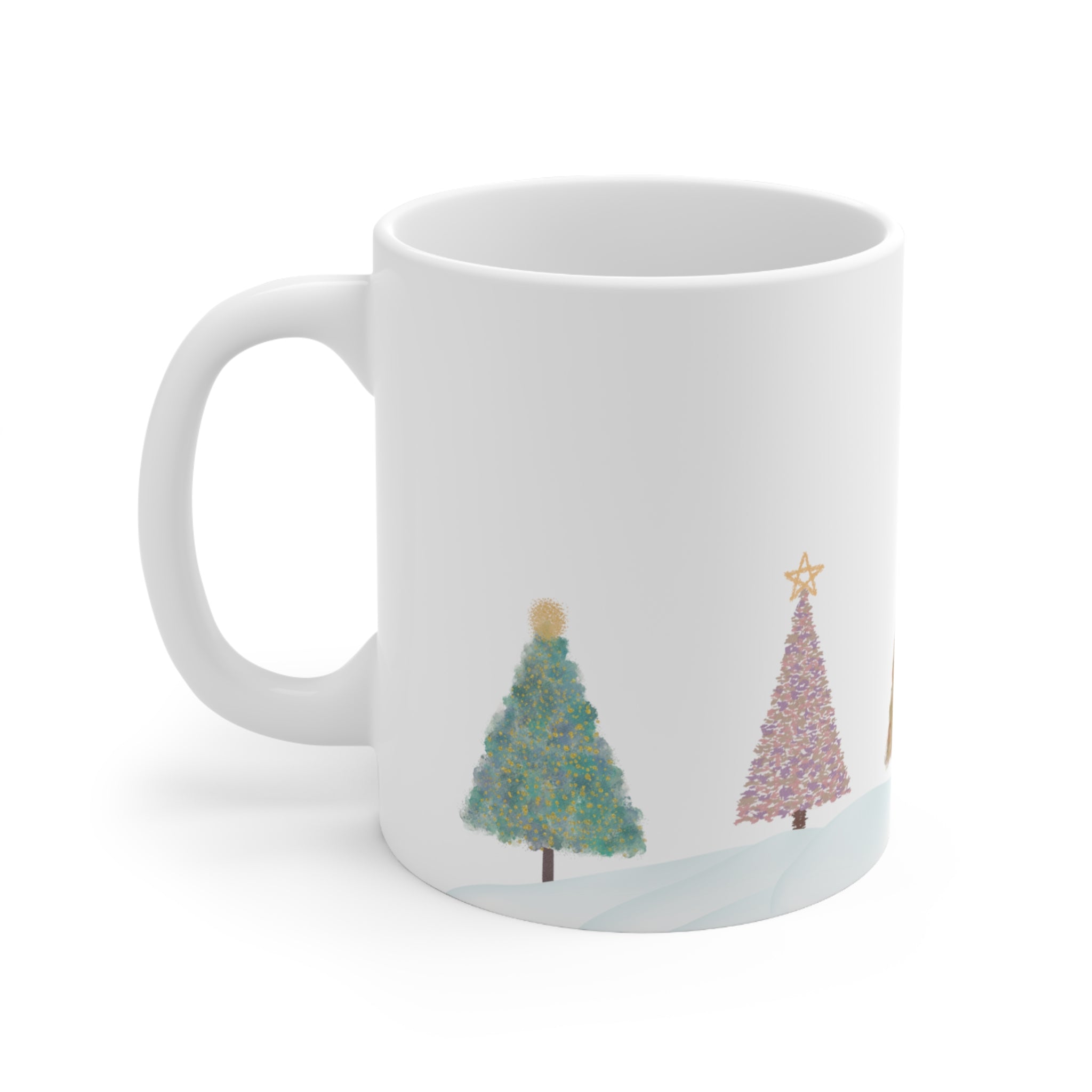 A festive Christmas Tree Holiday Mug made of white ceramic, featuring various holiday tree designs, perfect for hot beverages.