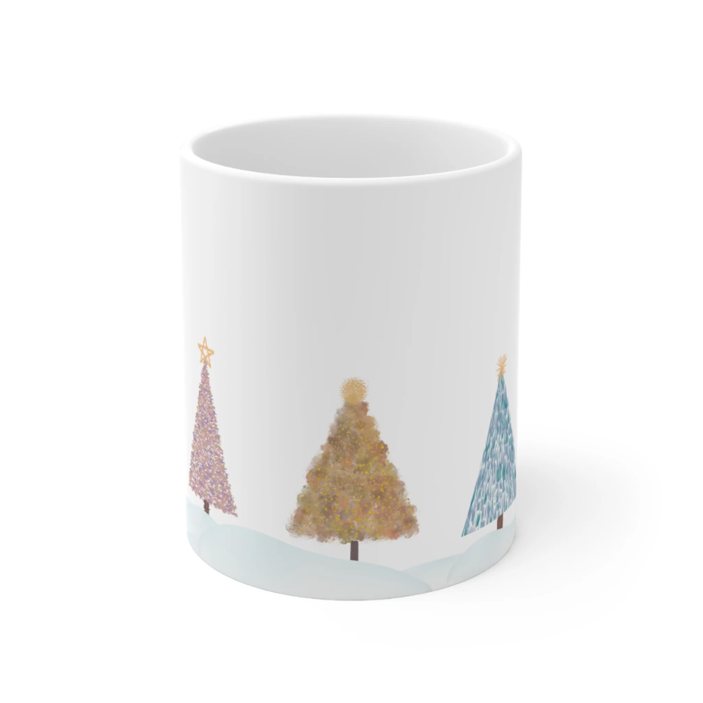 A festive Christmas Tree Holiday Mug made of white ceramic, featuring various holiday tree designs, perfect for hot beverages.