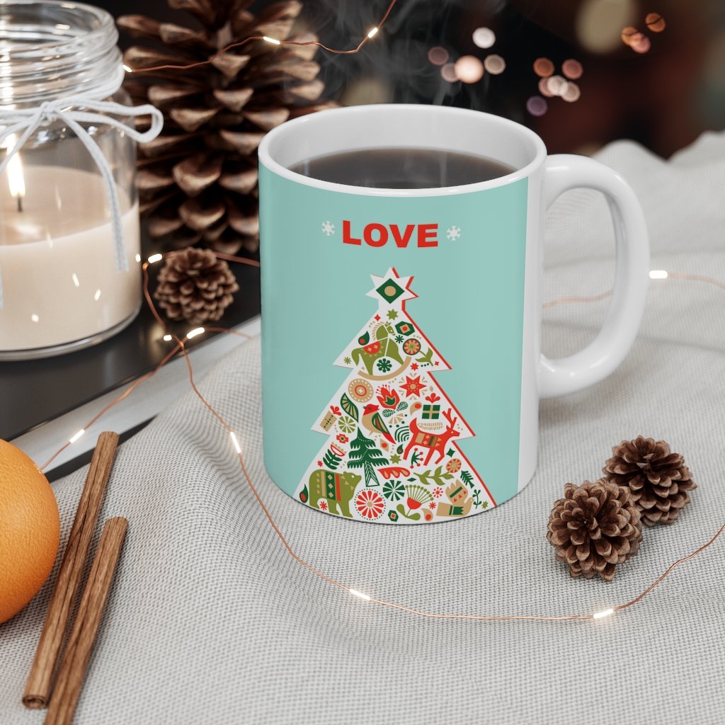 A festive Christmas Tree with Love ceramic mug, 11oz, featuring a charming Christmas tree design, perfect for holiday beverages.